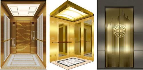Elevator cabin interiors with gold-finish panels